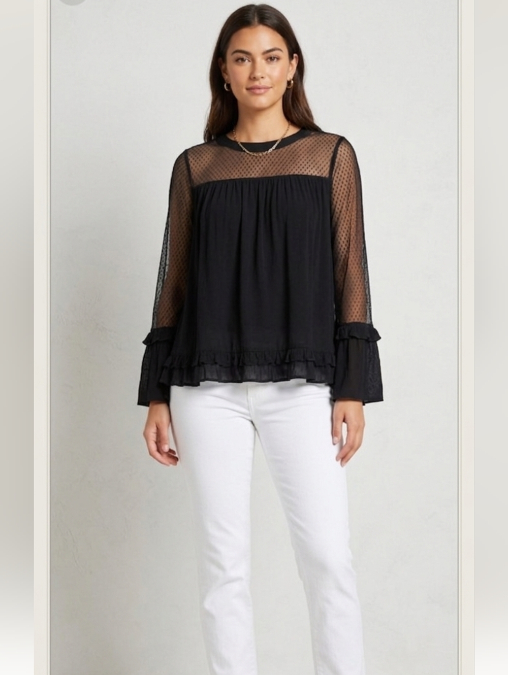 EASEL Black Sheer RUFFLE Swiss Polka Dot BOHEMIAN GYPSY Boutique Top Sz S
